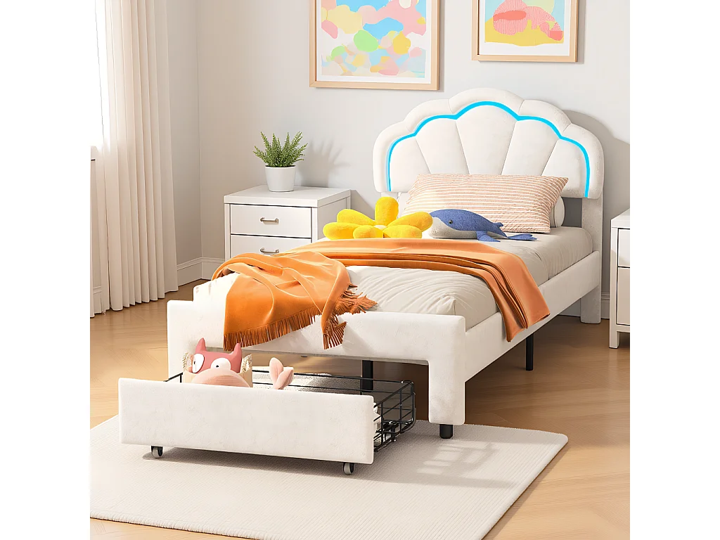 Kinderbed 90x200 cm met opberglade, gestoffeerd meisjesbed met ledverlichting, in hoogte verstelbaar bloemvormig hoofdeinde, fluweel