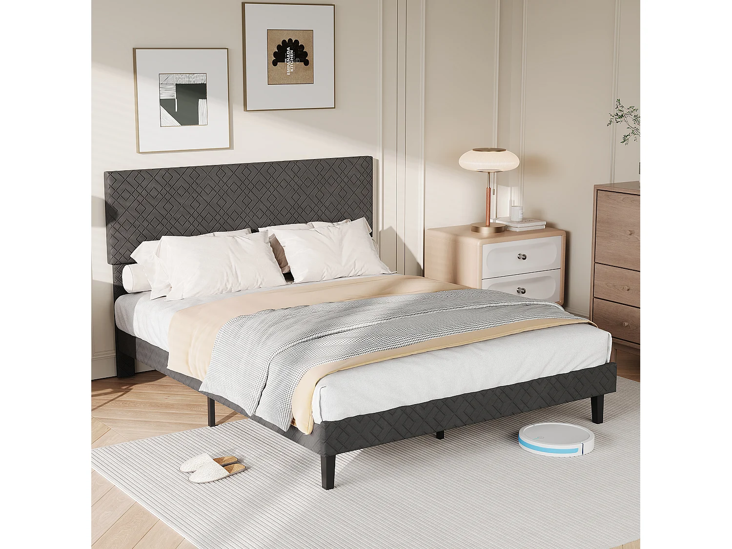 Lit double 140 x 200 cm avec sommier à lattes - tête de lit réglable en hauteur - robuste et durable - lin - gris