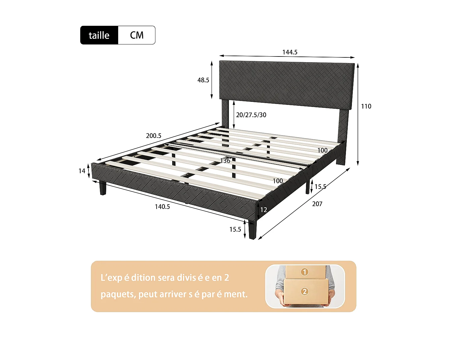 Lit double 140 x 200 cm avec sommier à lattes - tête de lit réglable en hauteur - robuste et durable - lin - gris