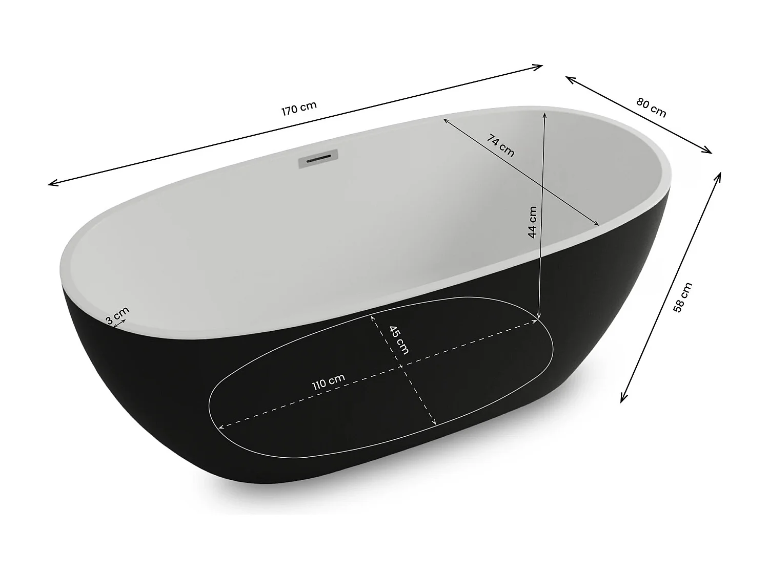 Baignoire Ilot Samba 170 noire 170 x79 x58 cm, by SPALINA