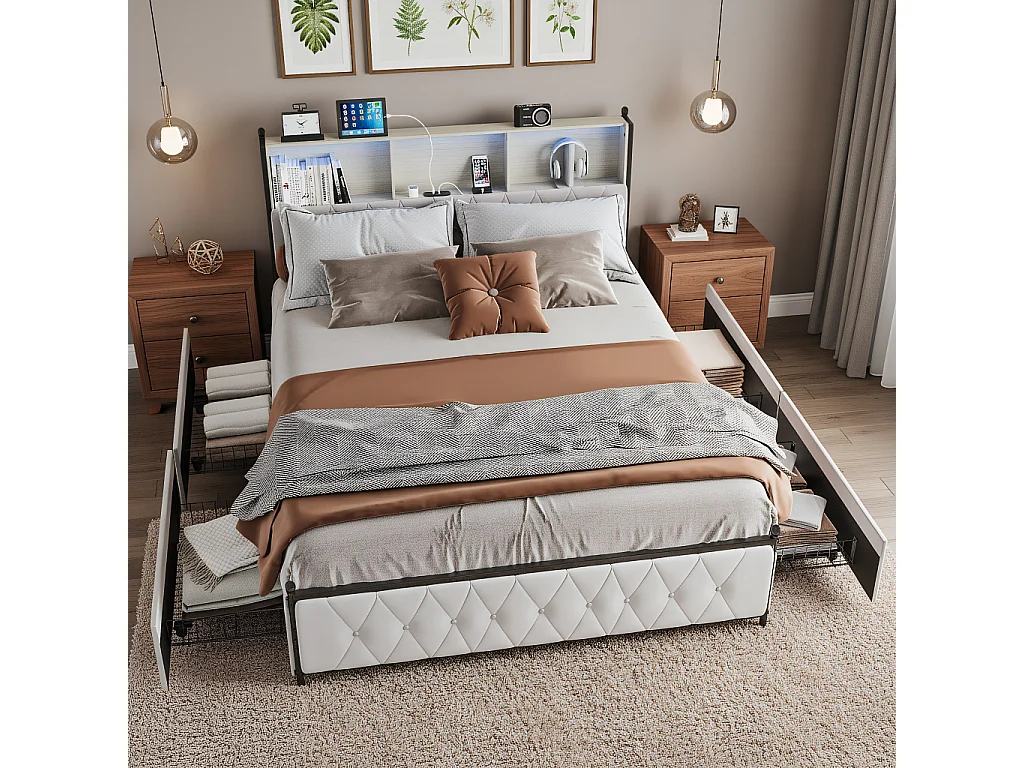 Cama de 160x200 con cabecero con almacenamiento, cama doble con puertos LED y USB, estructura de cama con 4 cajones, base de láminas, beige