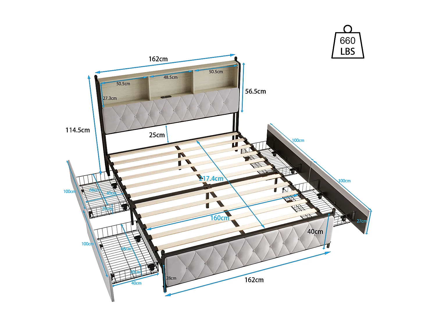 Cama de 160x200 con cabecero con almacenamiento, cama doble con puertos LED y USB, estructura de cama con 4 cajones, base de láminas, beige