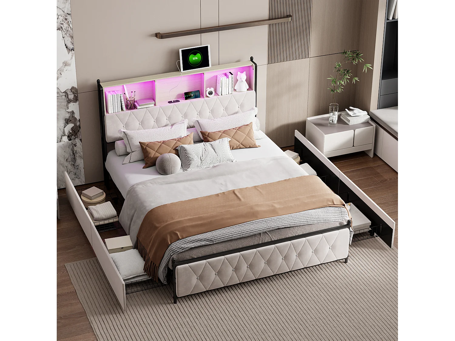 Cama de 160x200 con cabecero con almacenamiento, cama doble con puertos LED y USB, estructura de cama con 4 cajones, base de láminas, beige