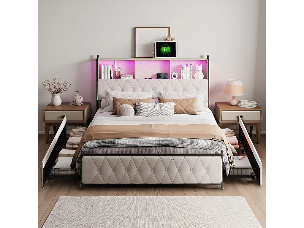 Cama de 160x200 con cabecero con almacenamiento, cama doble con puertos LED y USB, estructura de cama con 4 cajones, base de láminas, beige