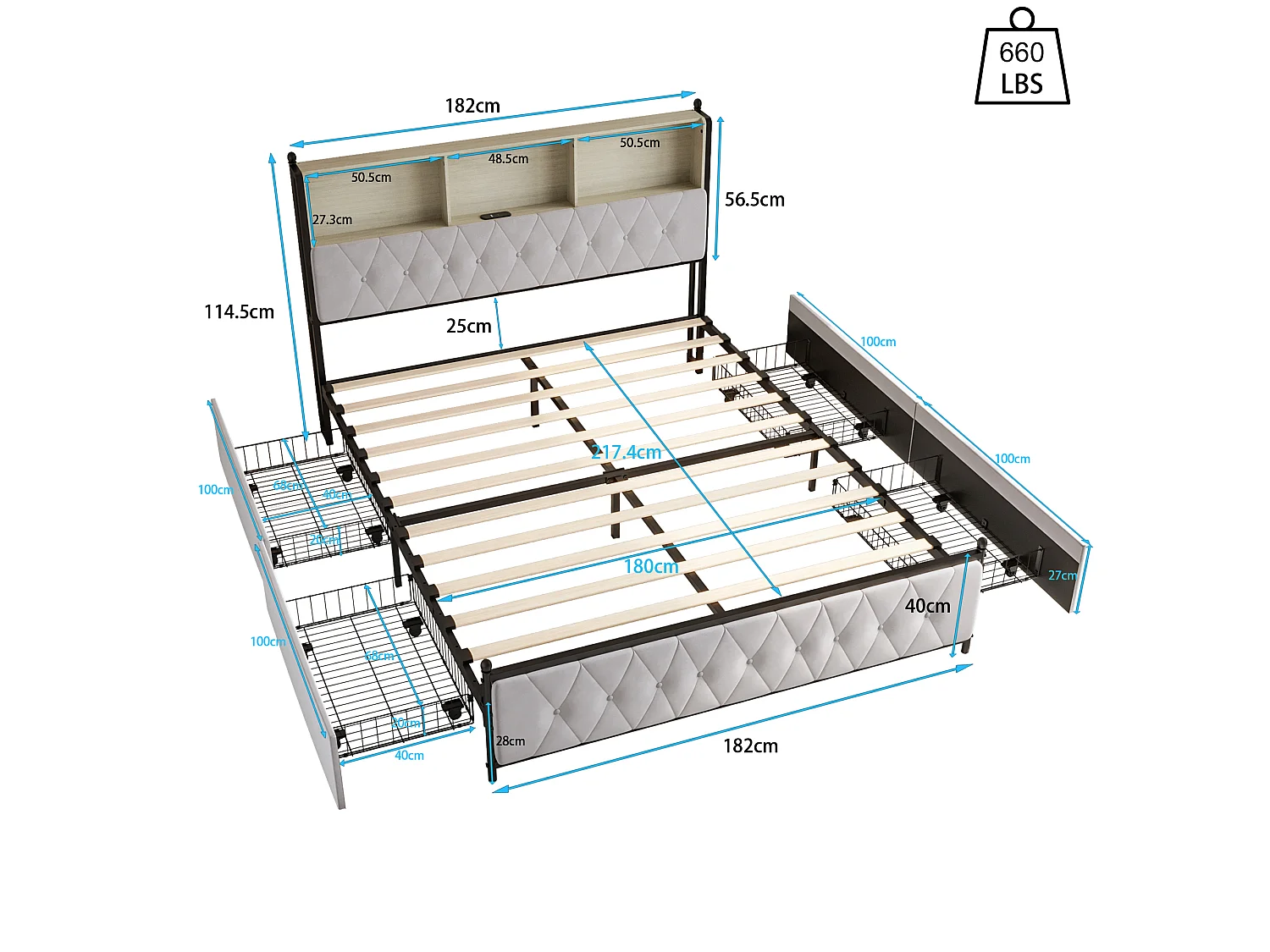 Cama de 160x200 con cabecero con almacenamiento, cama doble con puertos LED y USB, estructura de cama con 4 cajones, base de láminas, beige