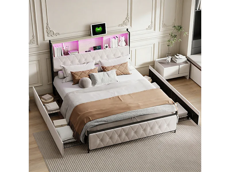 Cama de 160x200 con cabecero con almacenamiento, cama doble con puertos LED y USB, estructura de cama con 4 cajones, base de láminas, beige