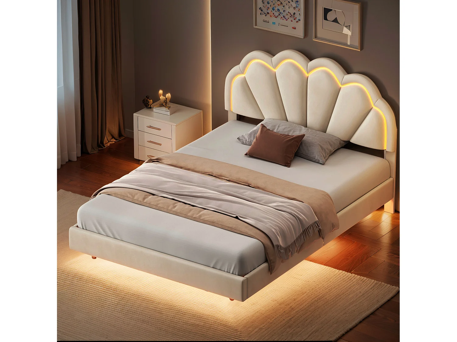 Lit adulte 140 x 200 cm avec éclairage LED, tête de lit en forme de pétale, velours, beige