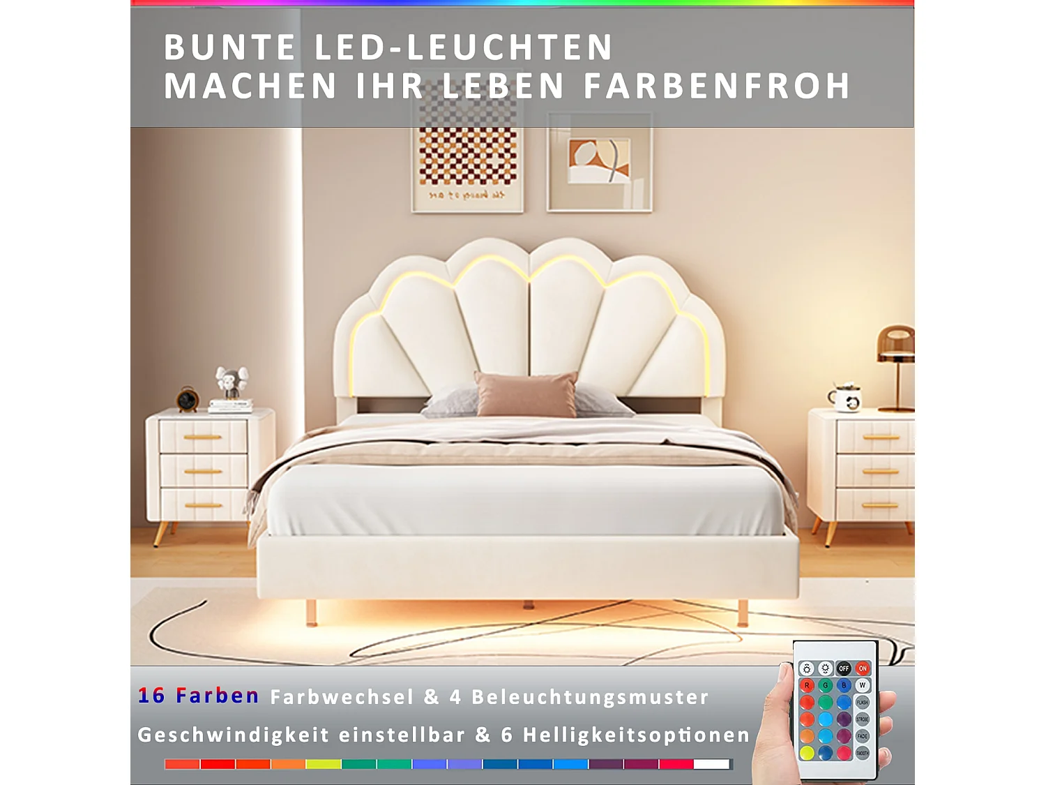 Lit adulte 140 x 200 cm avec éclairage LED, tête de lit en forme de pétale, velours, beige