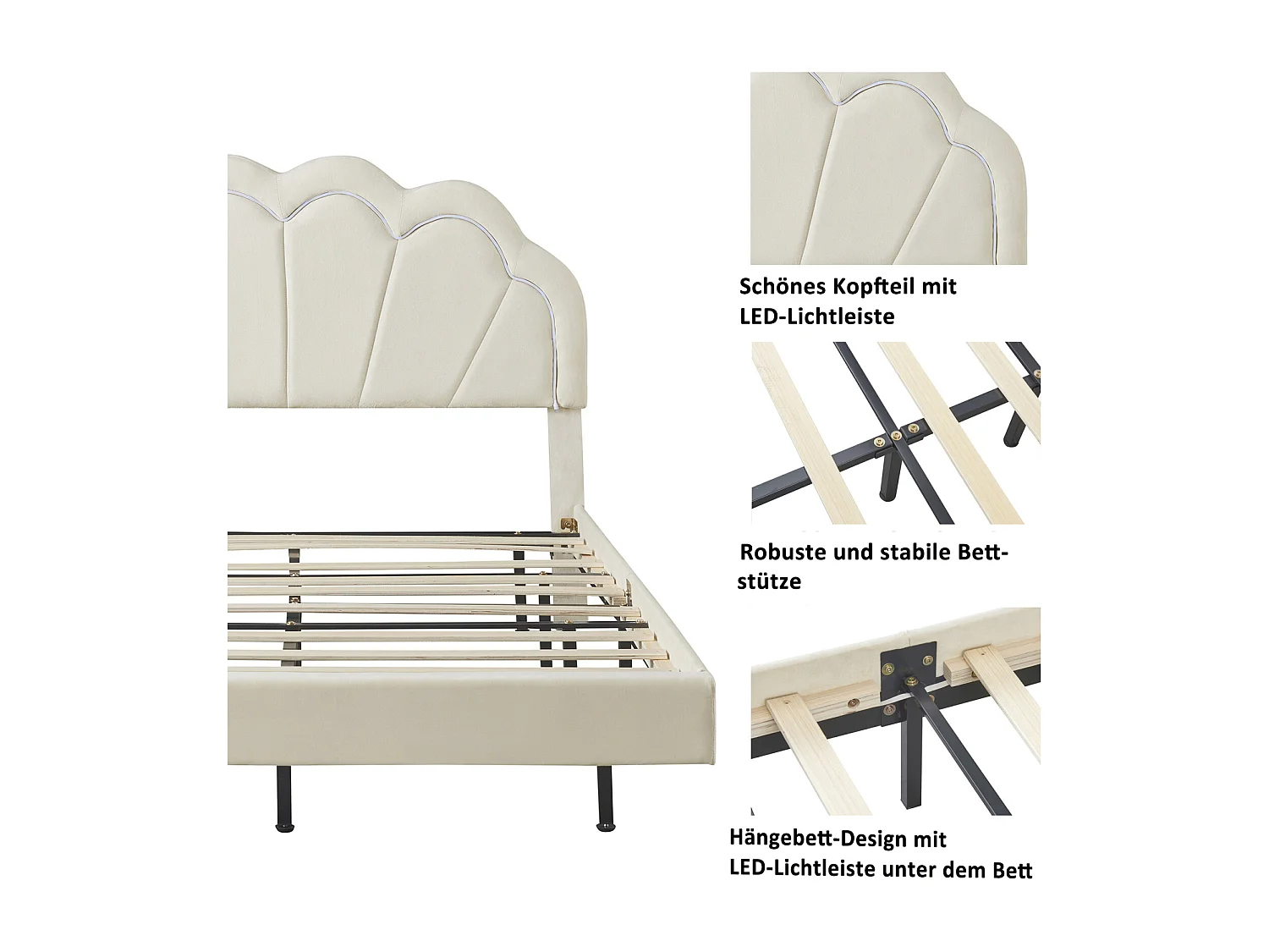 Lit adulte 140 x 200 cm avec éclairage LED, tête de lit en forme de pétale, velours, beige