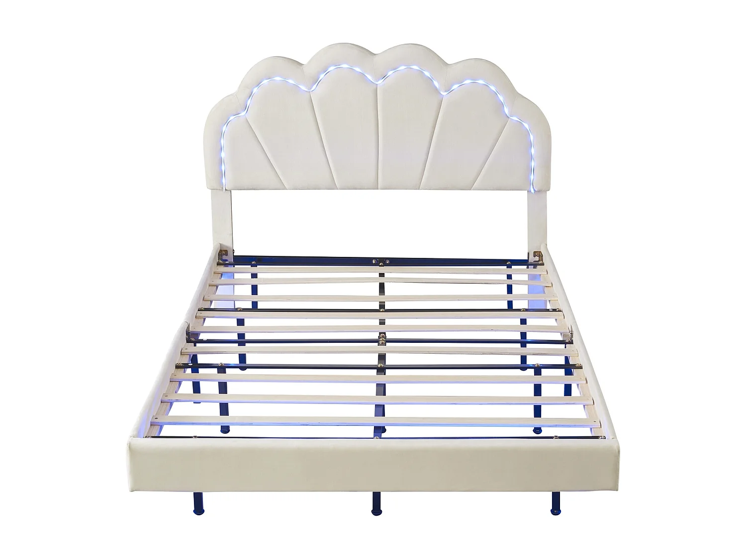 Lit adulte 140 x 200 cm avec éclairage LED, tête de lit en forme de pétale, velours, beige