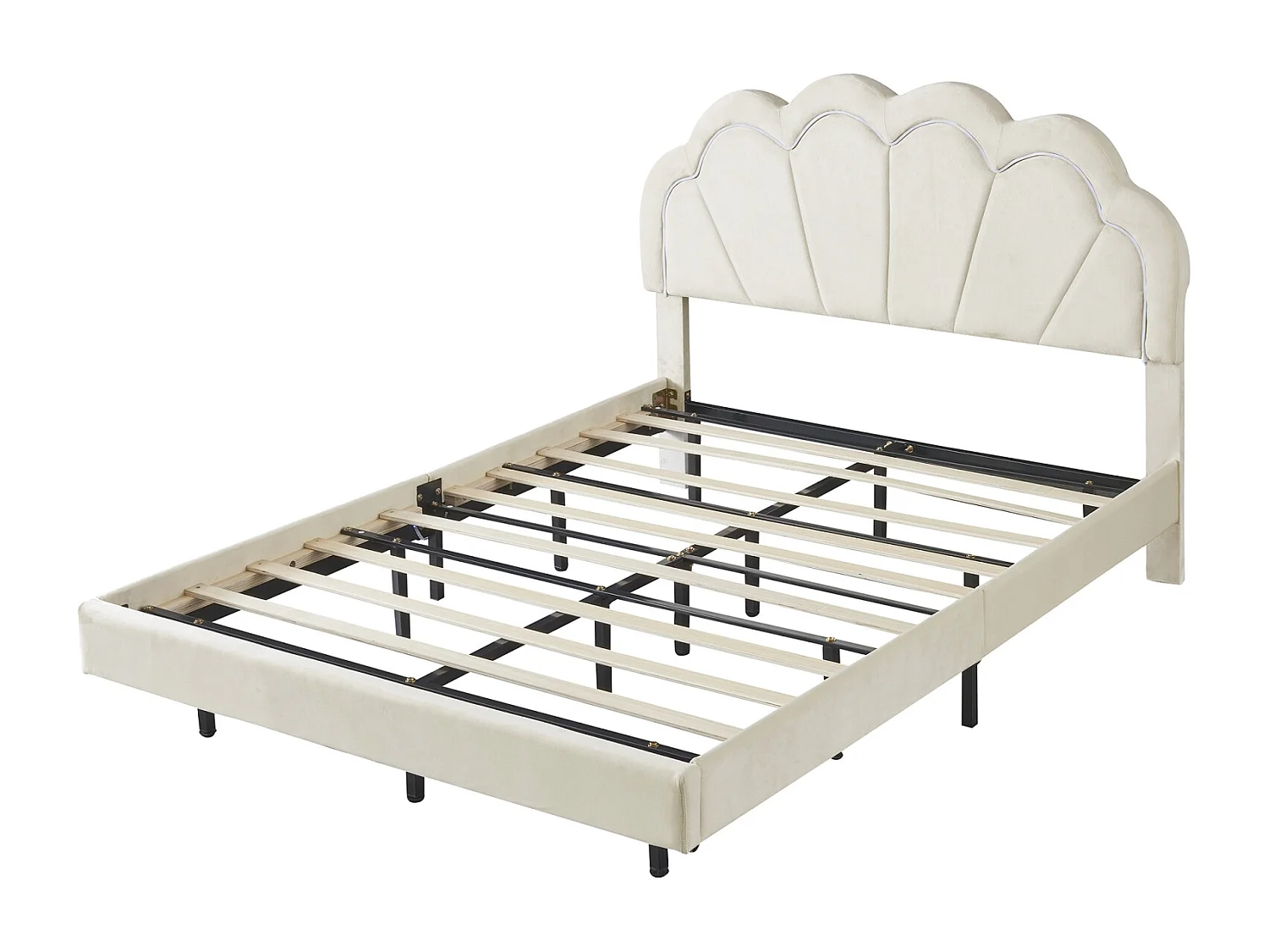 Lit adulte 140 x 200 cm avec éclairage LED, tête de lit en forme de pétale, velours, beige