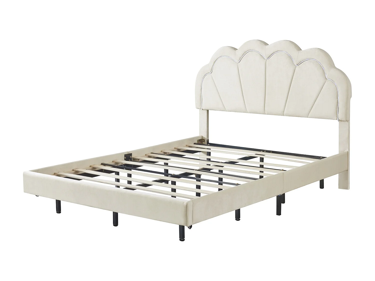 Lit adulte 140 x 200 cm avec éclairage LED, tête de lit en forme de pétale, velours, beige