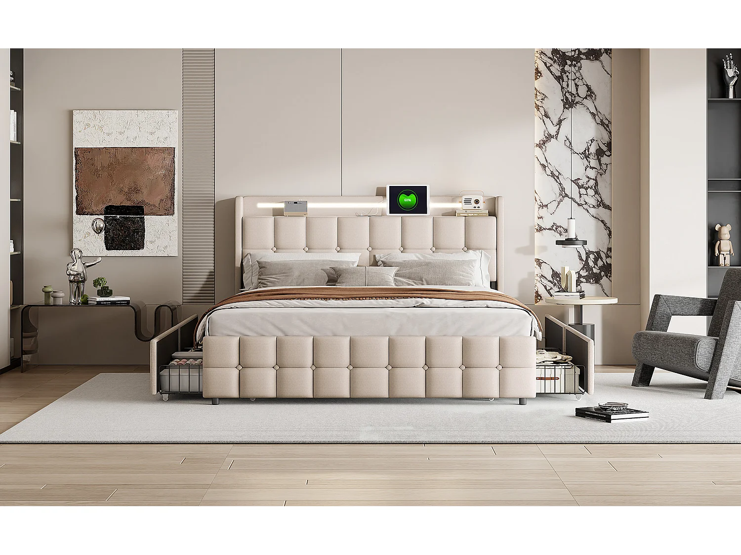 Lit double 140x200cm avec 4 tiroirs,Structure de lit avec avec Ports USB et éclairage LED,Sommier à lattes,Lin,Beige