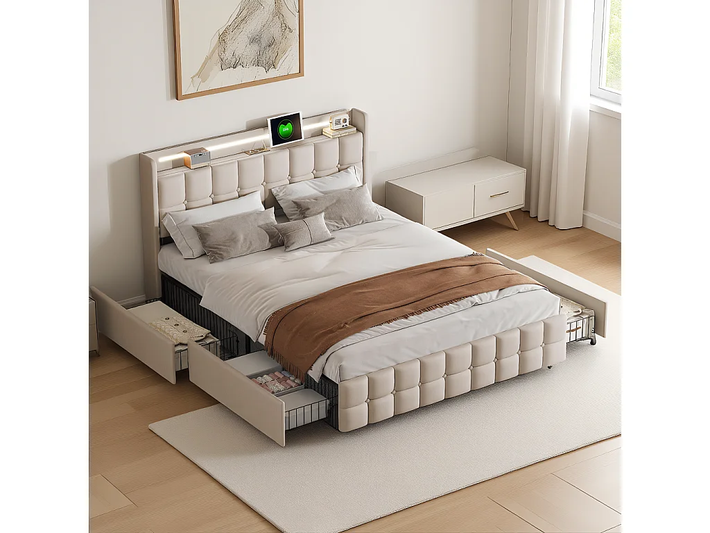 Lit double 140x200cm avec 4 tiroirs,Structure de lit avec avec Ports USB et éclairage LED,Sommier à lattes,Lin,Beige