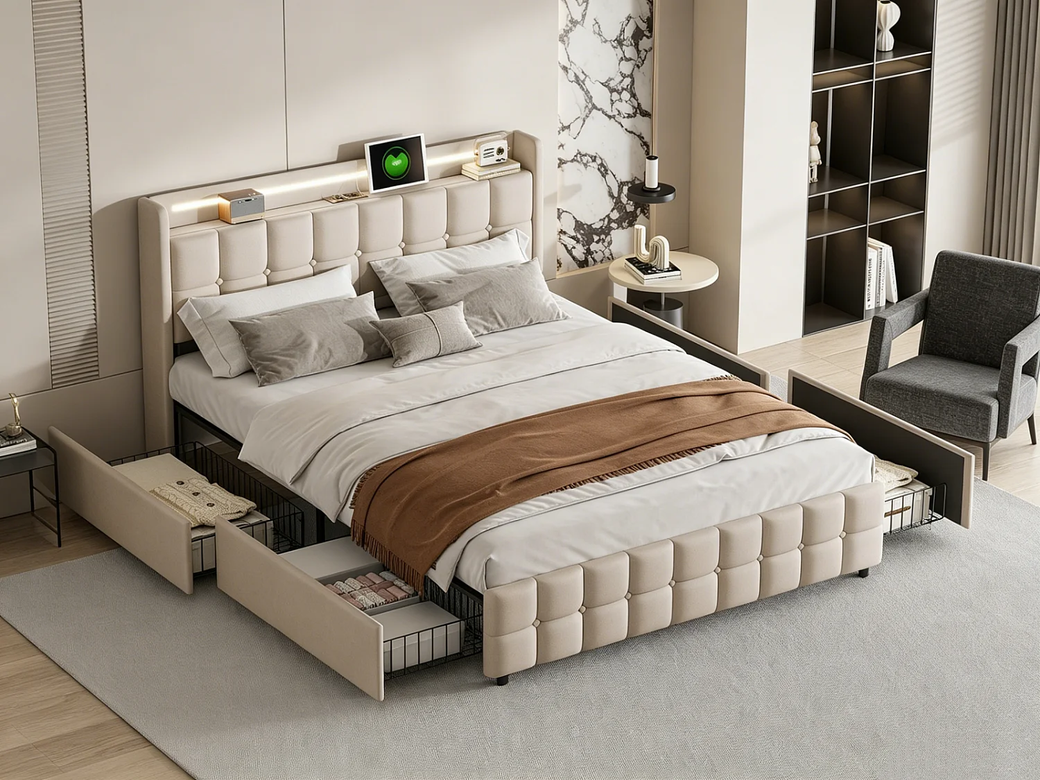 Lit double 140x200cm avec 4 tiroirs,Structure de lit avec avec Ports USB et éclairage LED,Sommier à lattes,Lin,Beige