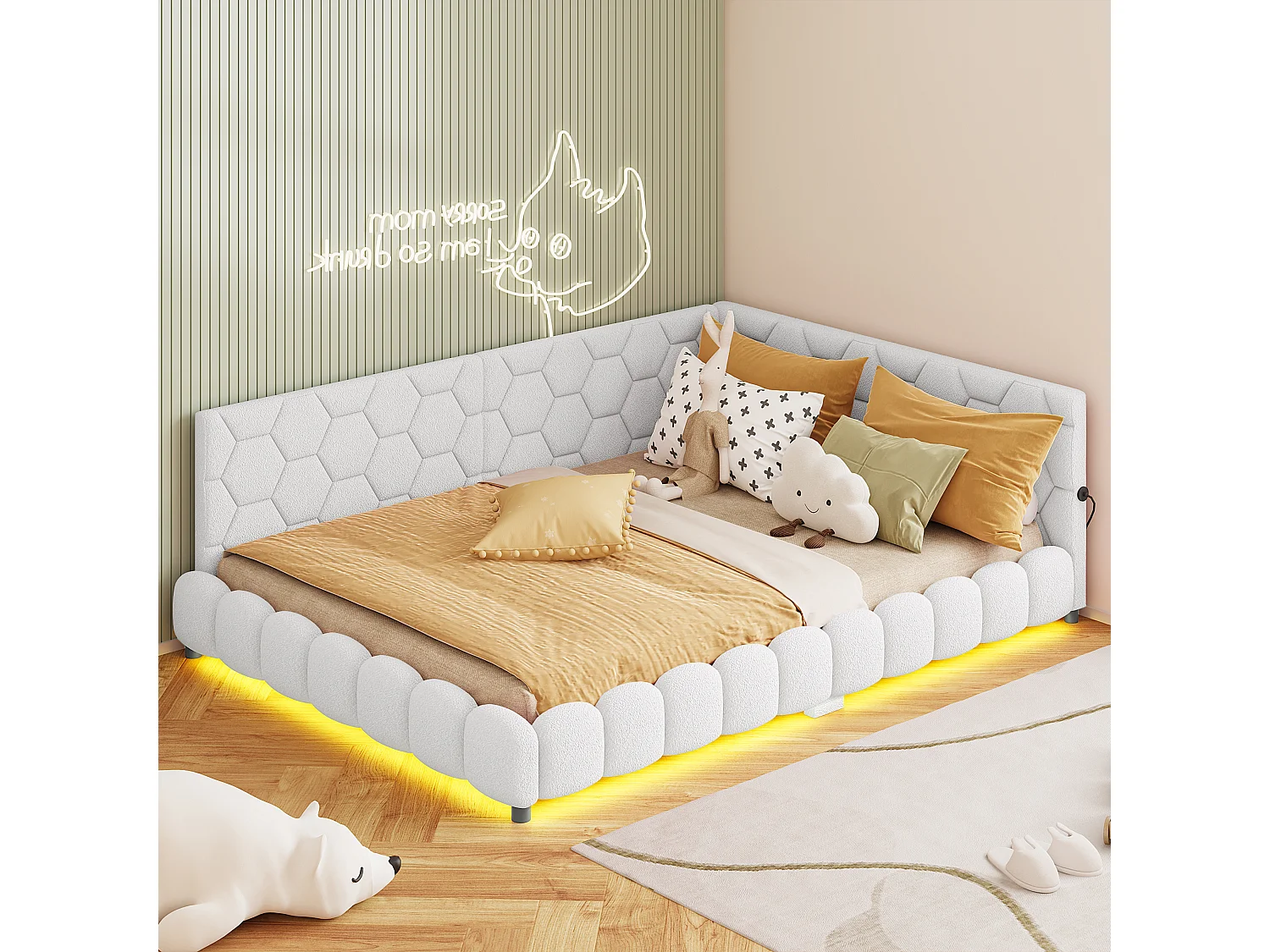 Lit banquette 140 x 200 cm avec LED et port USB - sommier à lattes - Laine d'agneau - Blanc