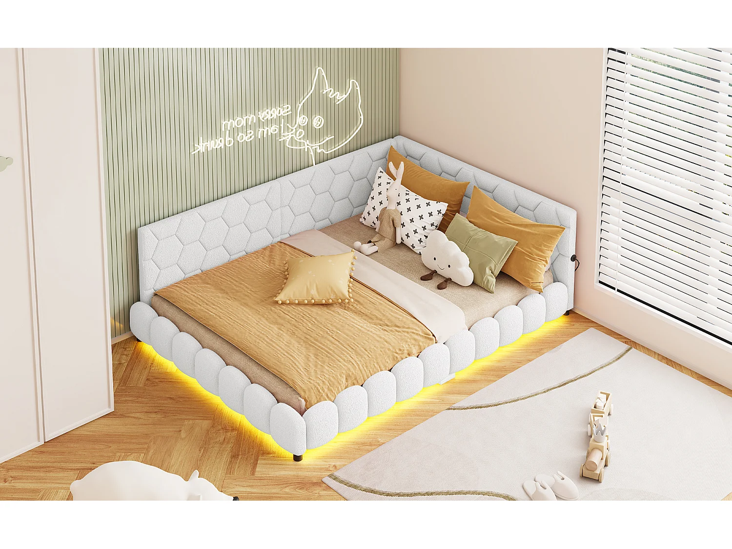 Lit banquette 140 x 200 cm avec LED et port USB - sommier à lattes - Laine d'agneau - Blanc