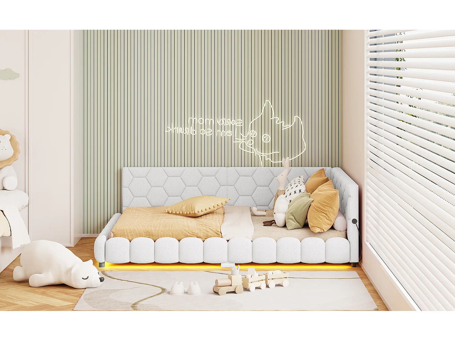 Lit banquette 140 x 200 cm avec LED et port USB - sommier à lattes - Laine d'agneau - Blanc