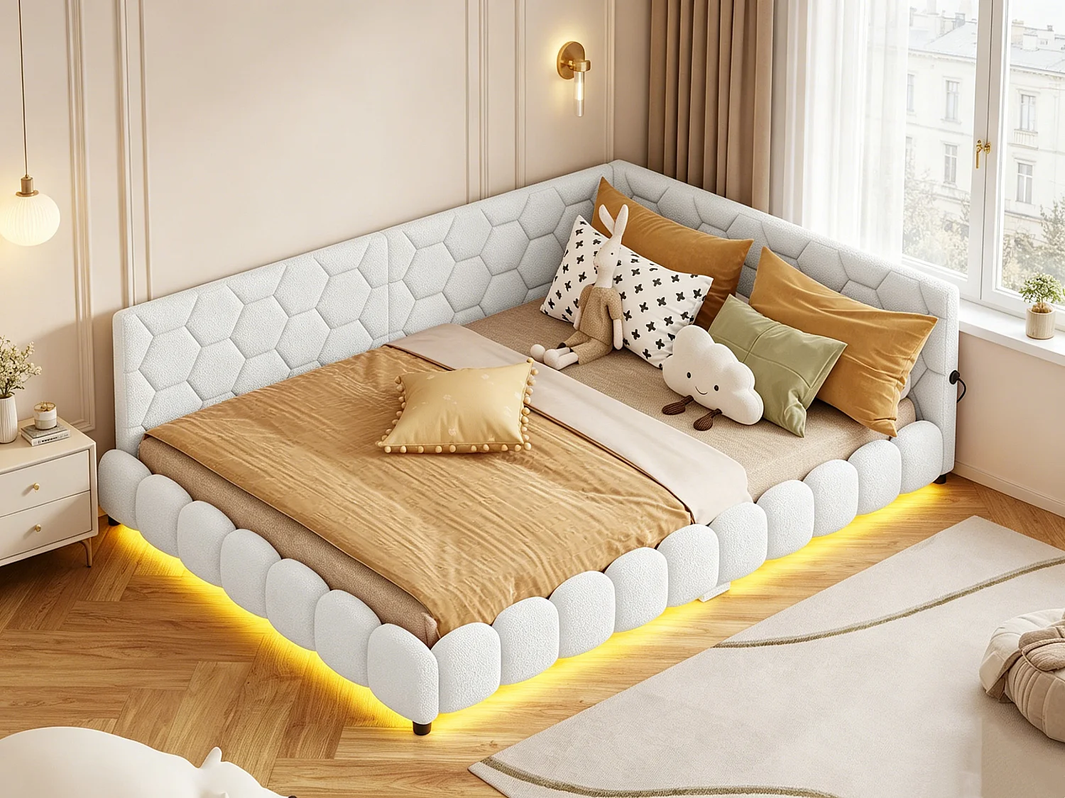 Sofá-cama 140 x 200 cm com luz LED e porta USB - base ripada - Lã de cordeiro - Branco