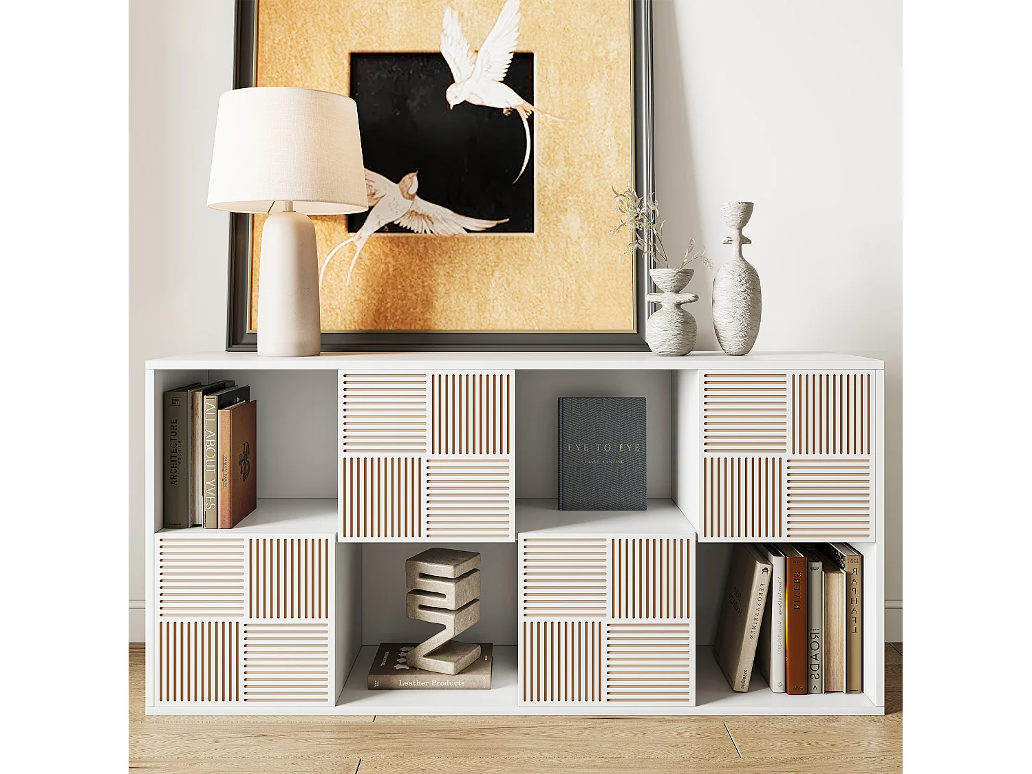 Boekenkast met 8 vakken - Open planken met 4 deuren - Vrijstaand - 125 x 30 x 60 cm - Wit