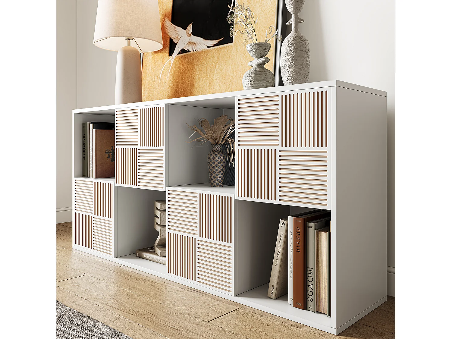 Boekenkast met 8 vakken - Open planken met 4 deuren - Vrijstaand - 125 x 30 x 60 cm - Wit