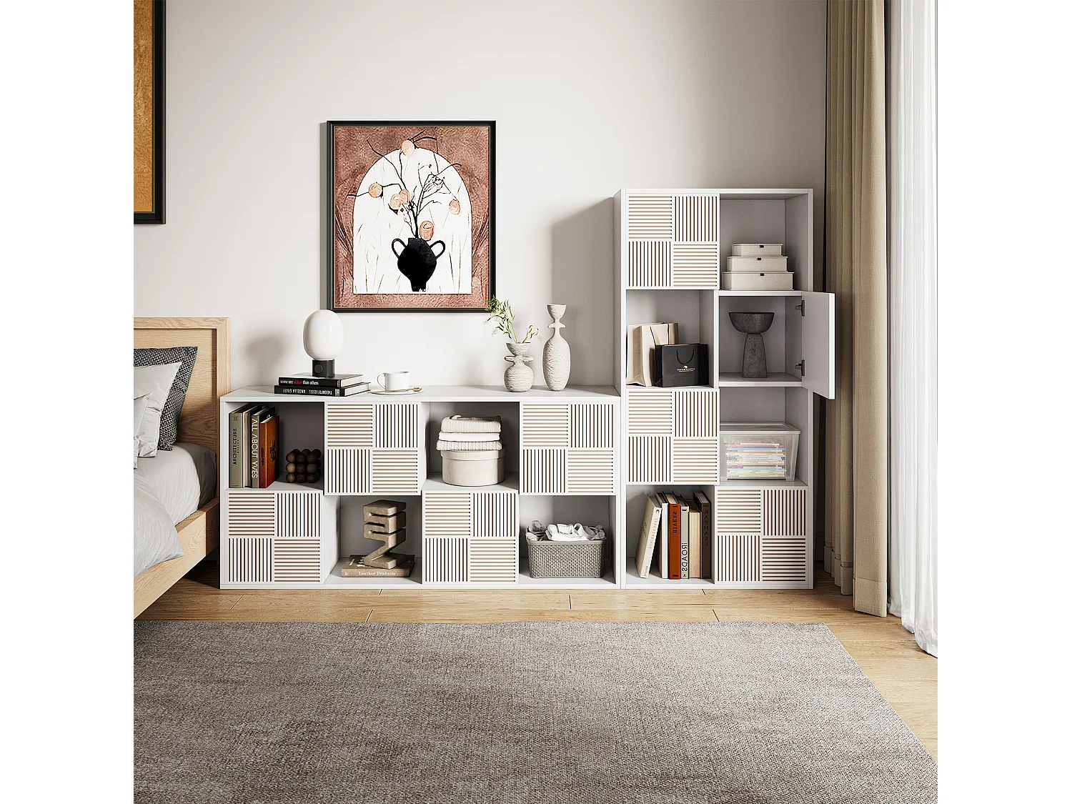 Boekenkast met 8 vakken - Open planken met 4 deuren - Vrijstaand - 125 x 30 x 60 cm - Wit