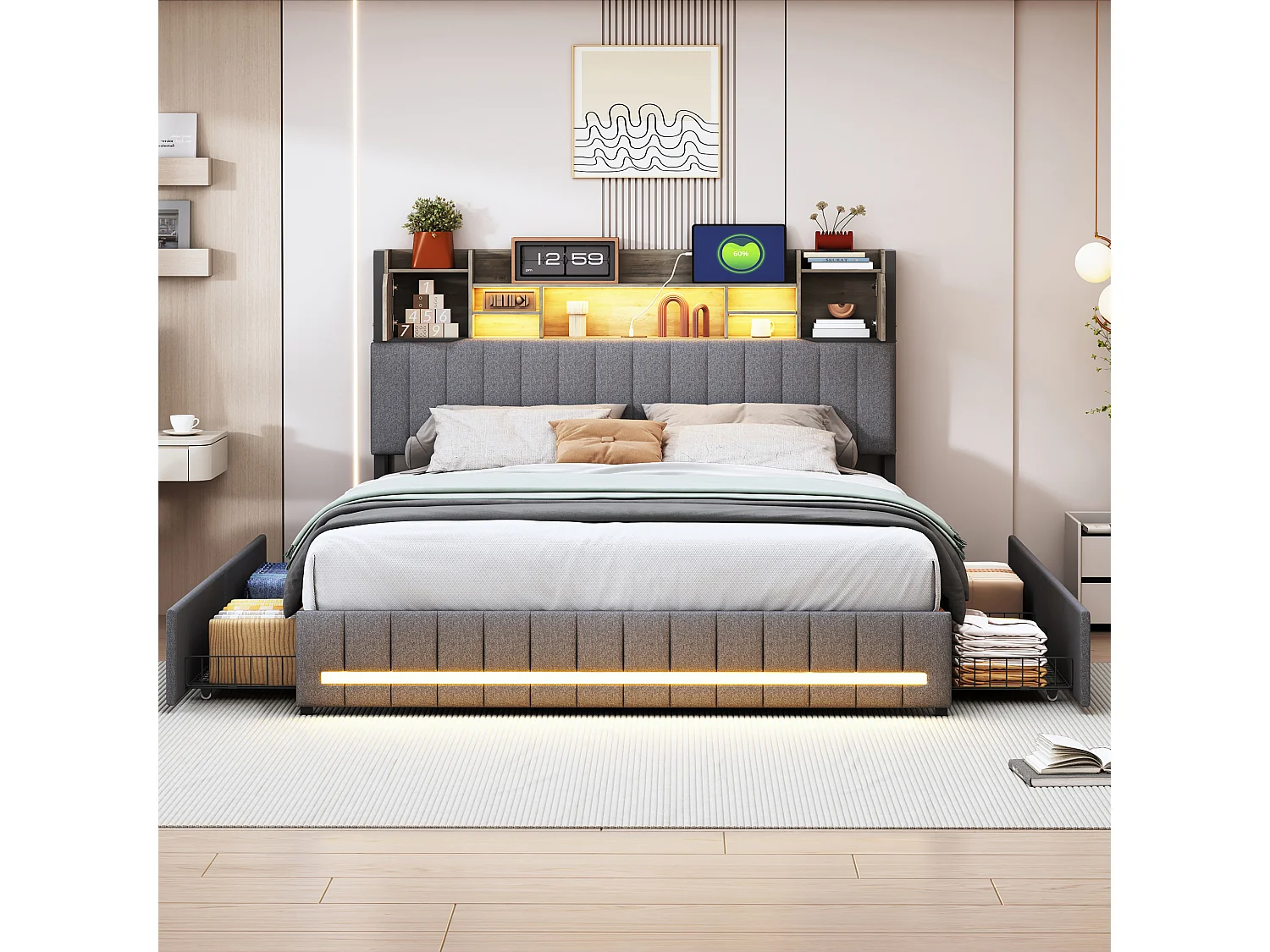 Lit rembourré 140 x 190 cm, Lit double avec éclairage LED et chargement USB, Lit double capitonné avec 4 tiroirs, Lin, Gris