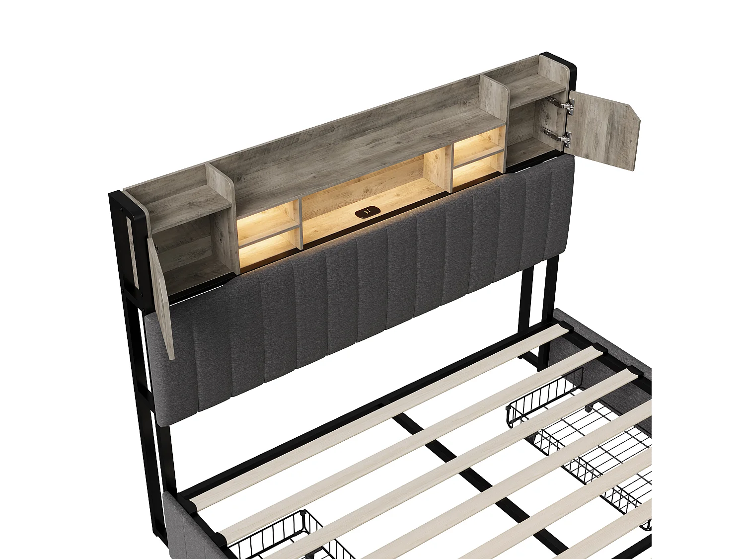 Lit rembourré 140 x 190 cm, Lit double avec éclairage LED et chargement USB, Lit double capitonné avec 4 tiroirs, Lin, Gris