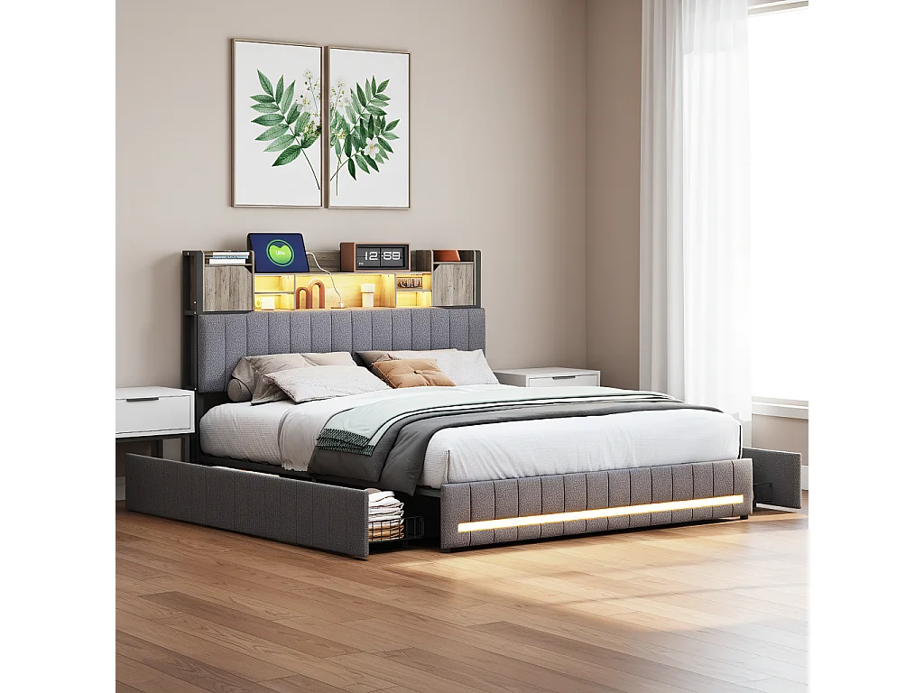 Lit rembourré 140 x 190 cm, Lit double avec éclairage LED et chargement USB, Lit double capitonné avec 4 tiroirs, Lin, Gris