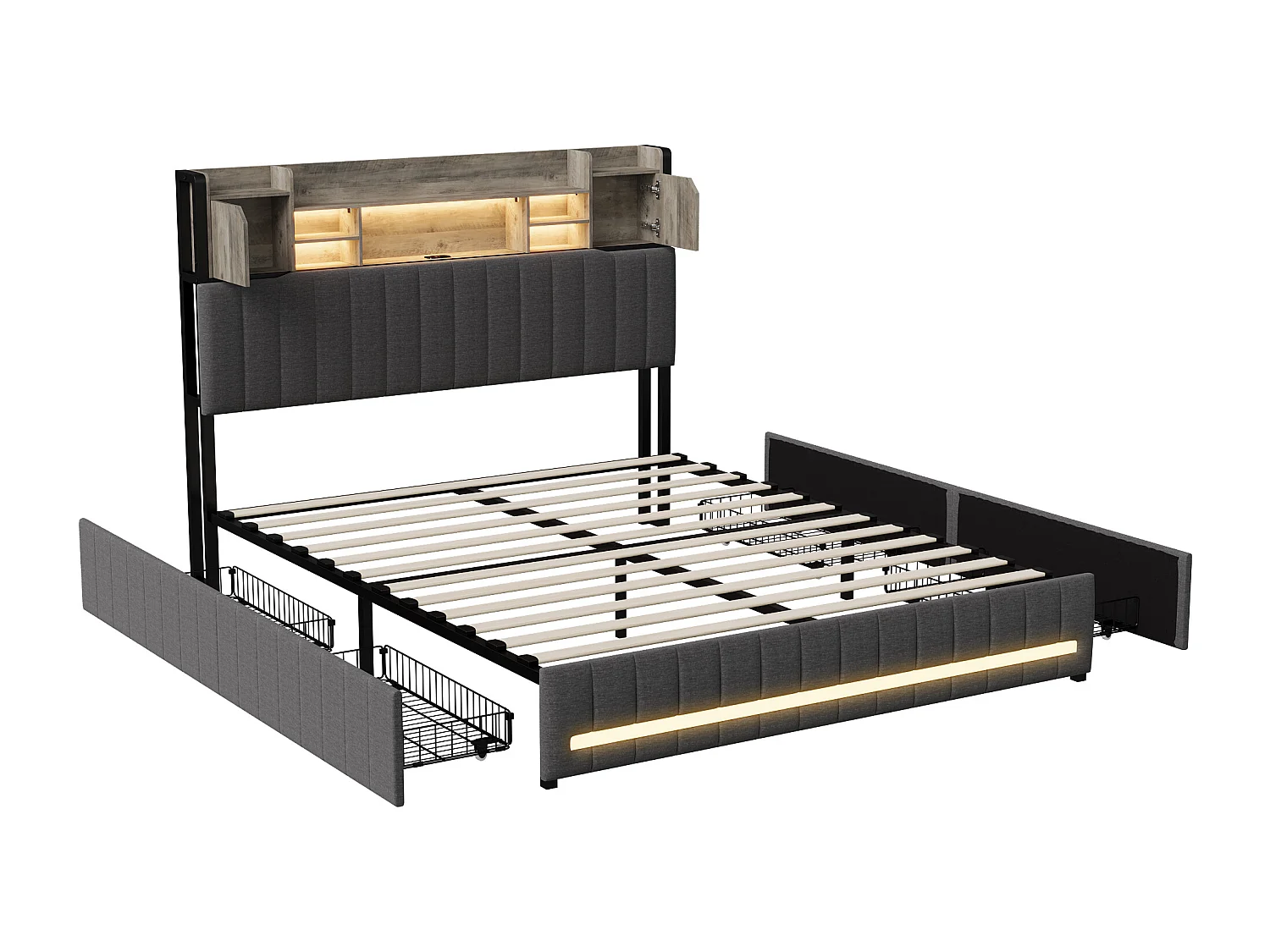 Gestoffeerd bed 140 x 200 cm, tweepersoonsbed met ledverlichting en USB-oplaadpunt, gecapitonneerd tweepersoonsbed met 4 lades, linnen, grijs
