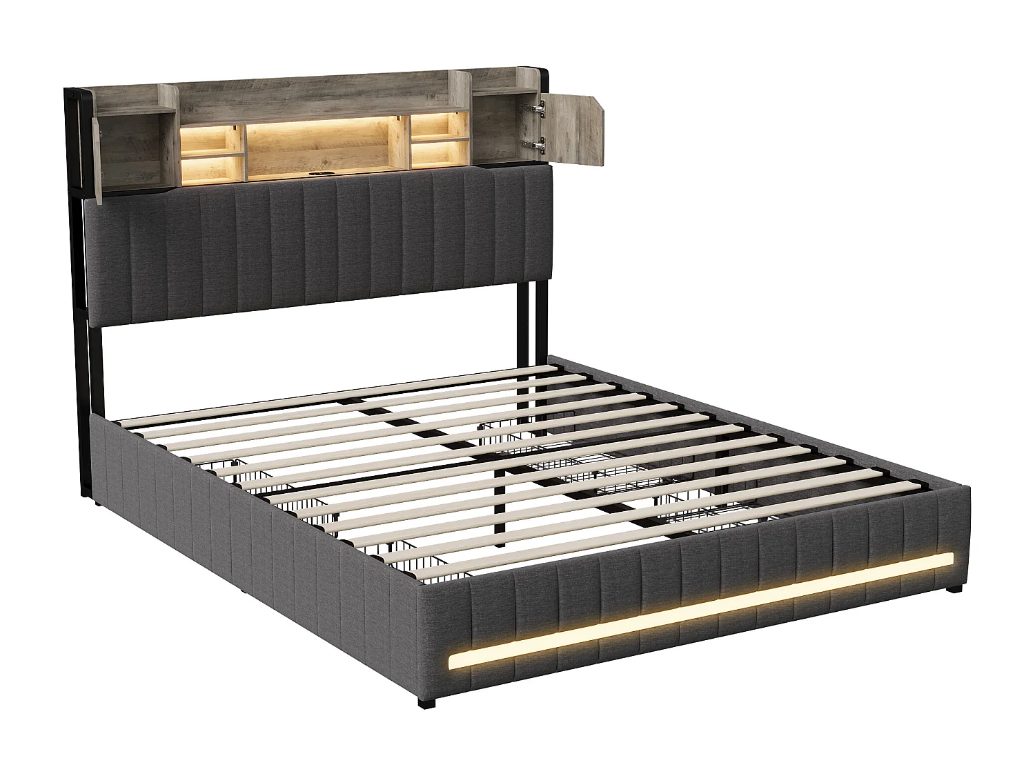 Gestoffeerd bed 140 x 200 cm, tweepersoonsbed met ledverlichting en USB-oplaadpunt, gecapitonneerd tweepersoonsbed met 4 lades, linnen, grijs