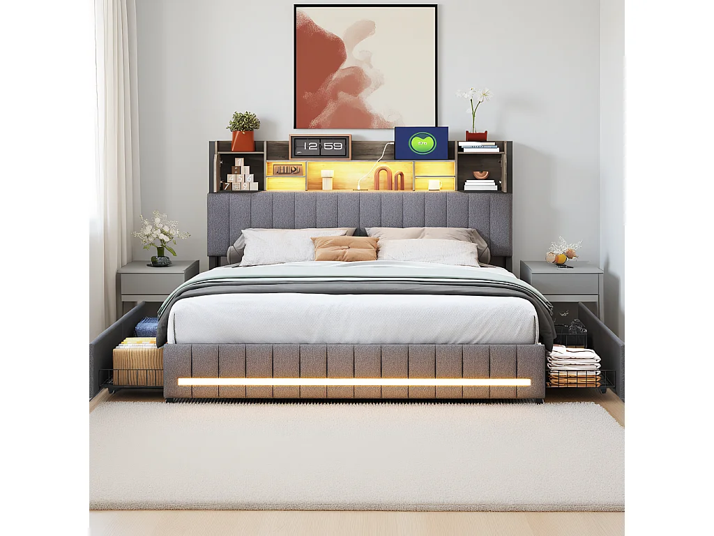 Gestoffeerd bed 140 x 200 cm, tweepersoonsbed met ledverlichting en USB-oplaadpunt, gecapitonneerd tweepersoonsbed met 4 lades, linnen, grijs