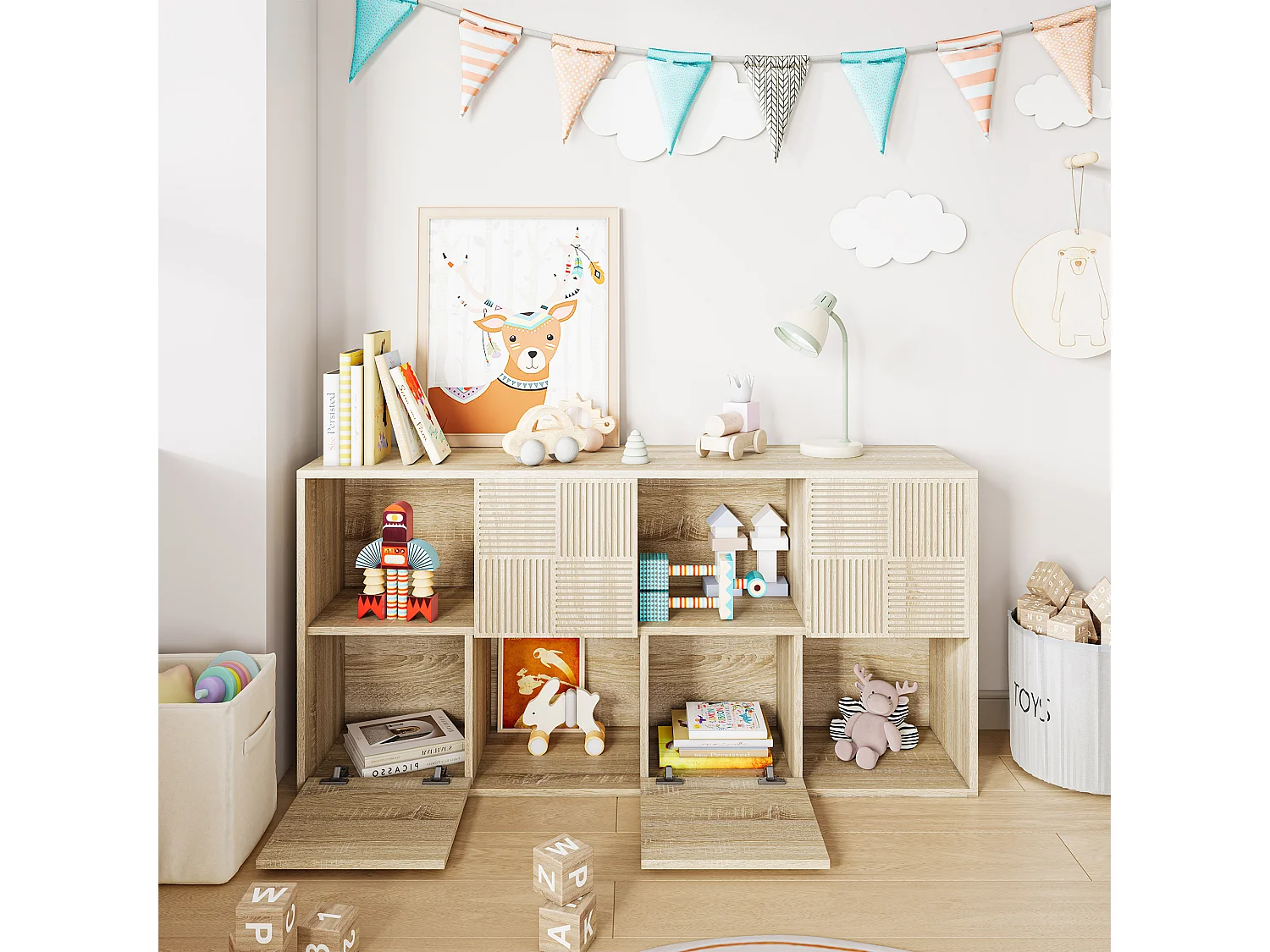 Boekenkast met 8 vakken – Open schappen met 4 deuren – Vrijstaand – 125 x 30 x 60 cm – Houtkleur