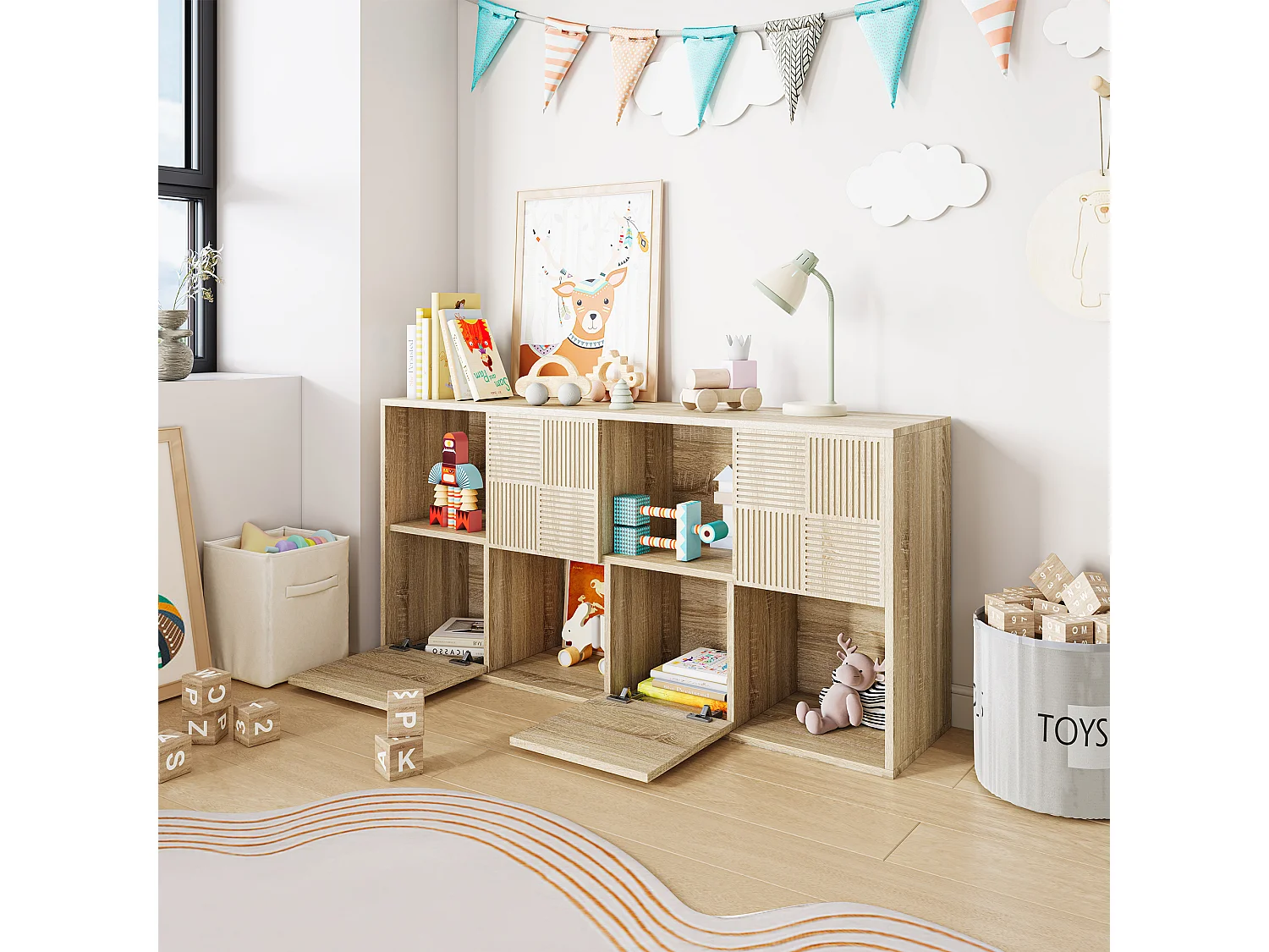 Boekenkast met 8 vakken – Open schappen met 4 deuren – Vrijstaand – 125 x 30 x 60 cm – Houtkleur