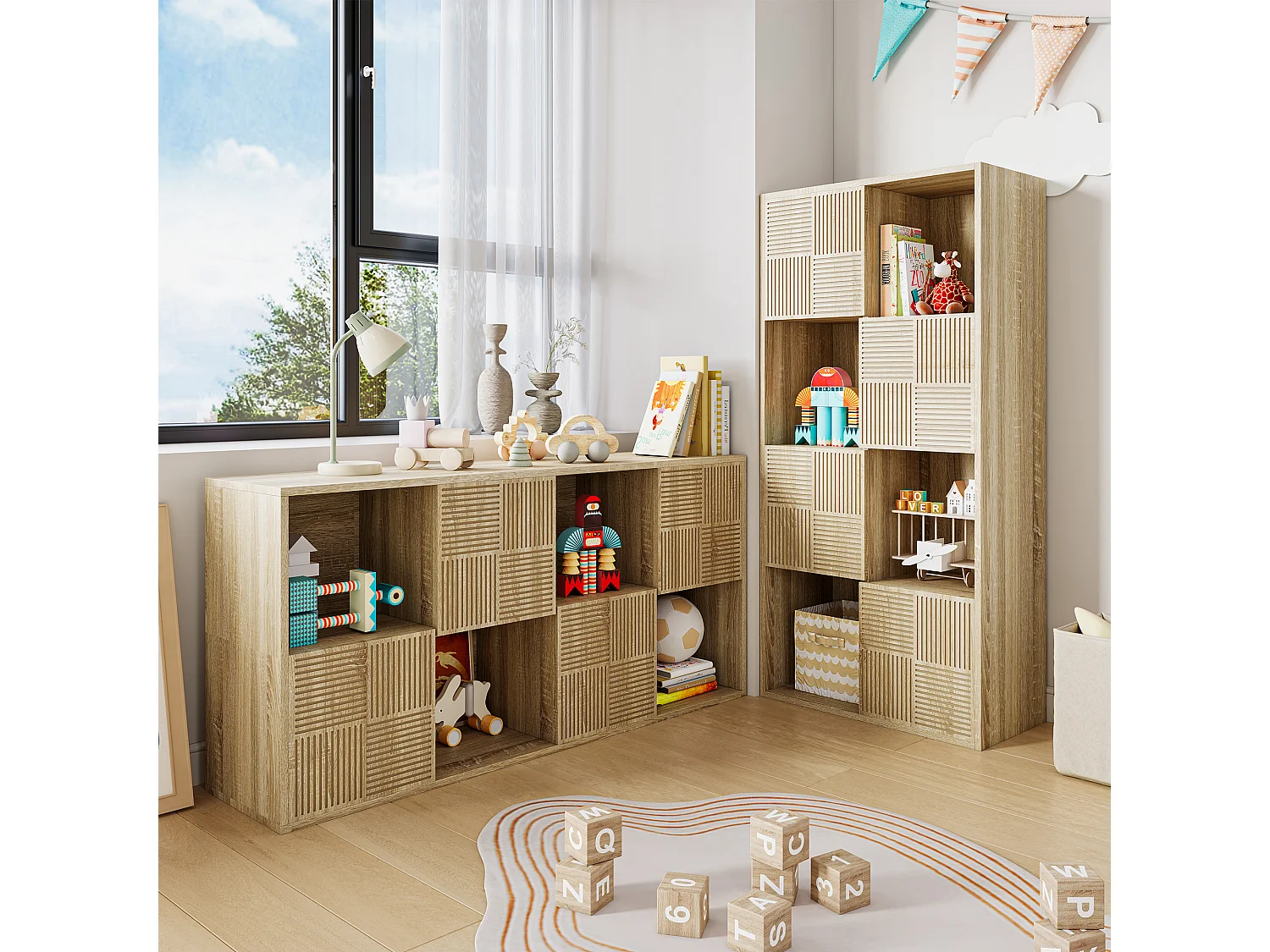 Boekenkast met 8 vakken – Open schappen met 4 deuren – Vrijstaand – 125 x 30 x 60 cm – Houtkleur