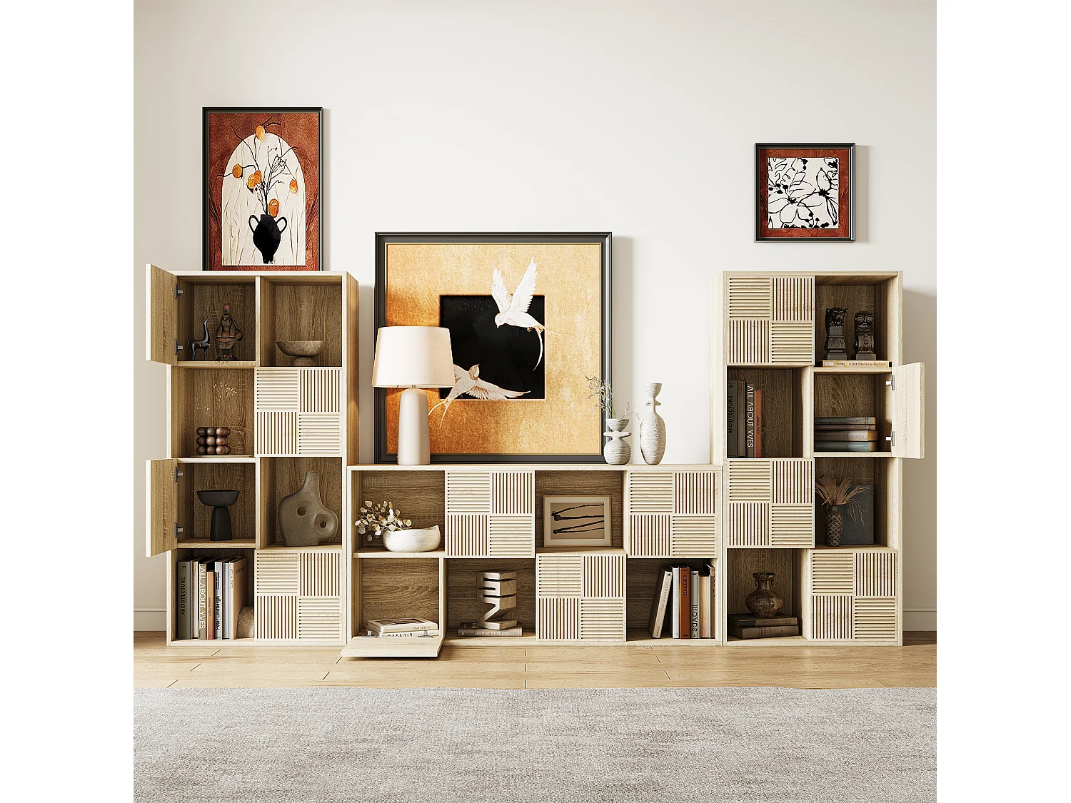 Boekenkast met 8 vakken – Open schappen met 4 deuren – Vrijstaand – 125 x 30 x 60 cm – Houtkleur