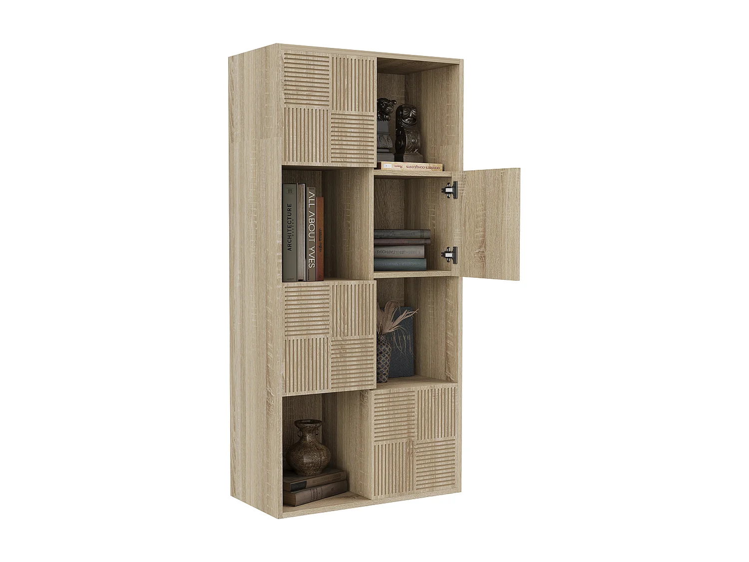 Boekenkast met 8 vakken – Open schappen met 4 deuren – Vrijstaand – 125 x 30 x 60 cm – Houtkleur