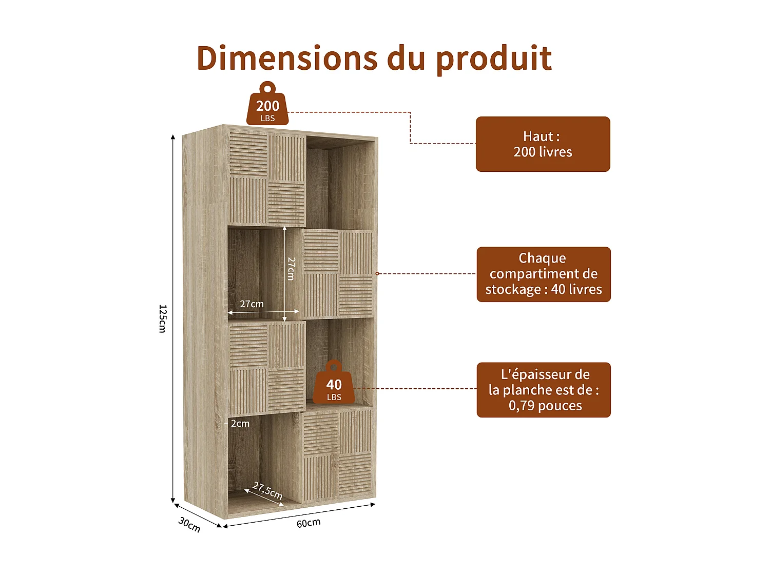 Boekenkast met 8 vakken – Open schappen met 4 deuren – Vrijstaand – 125 x 30 x 60 cm – Houtkleur