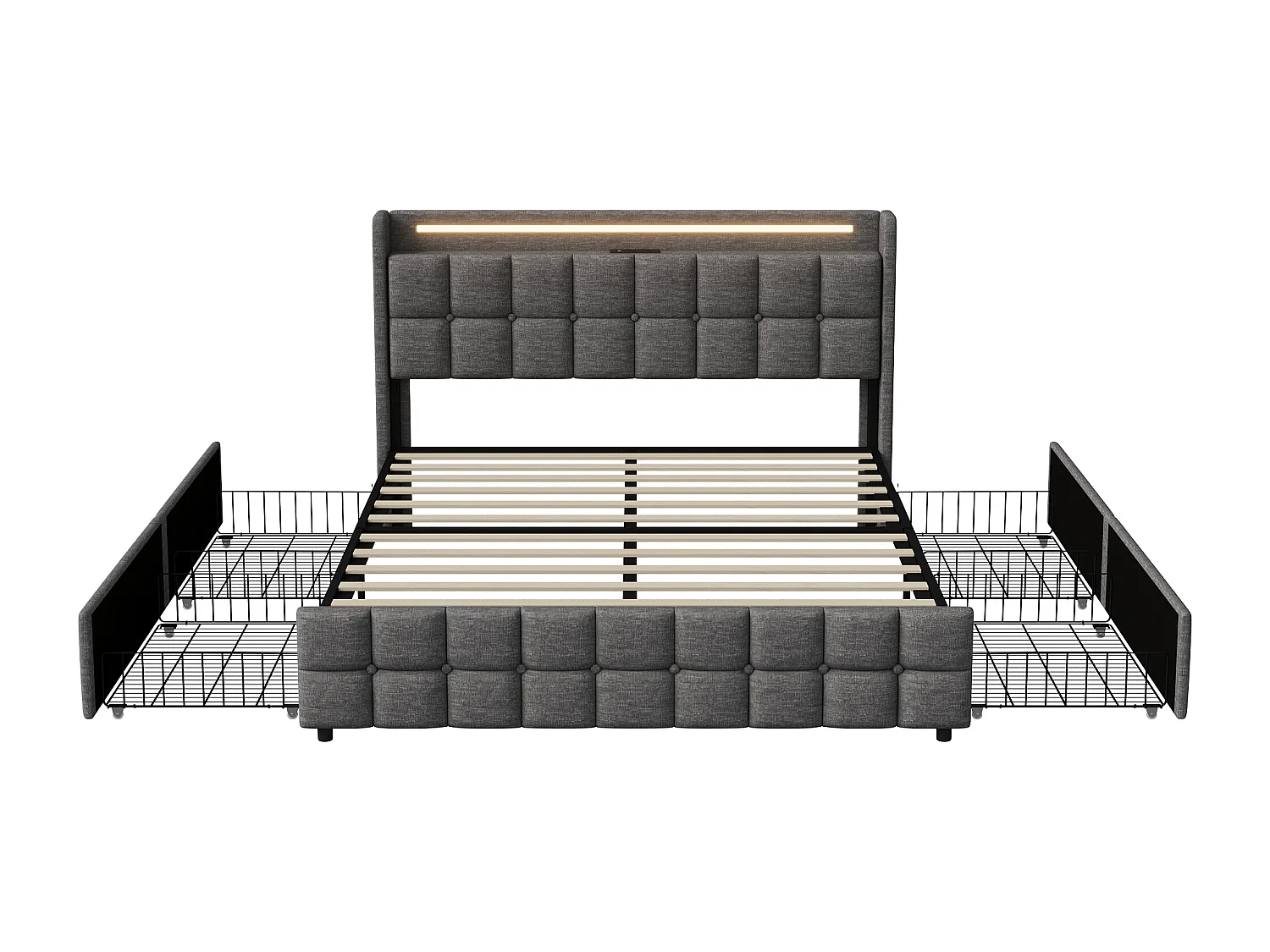 Lit double 160x200cm avec 4 tiroirs,Structure de lit avec avec Ports USB et éclairage LED,Sommier à lattes,Lin,Gris