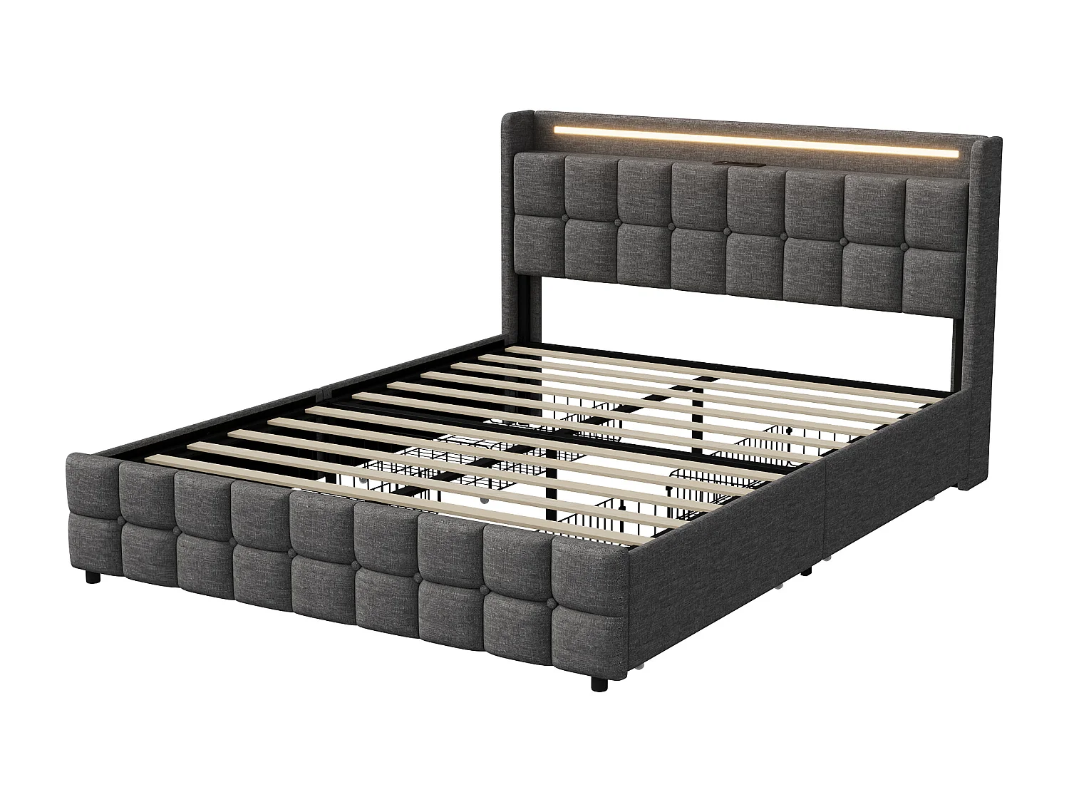 Lit double 160x200cm avec 4 tiroirs,Structure de lit avec avec Ports USB et éclairage LED,Sommier à lattes,Lin,Gris