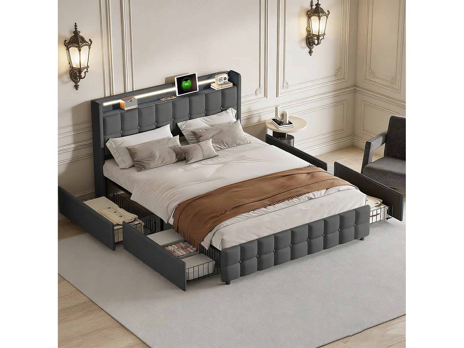 Lit double 160x200cm avec 4 tiroirs,Structure de lit avec avec Ports USB et éclairage LED,Sommier à lattes,Lin,Gris