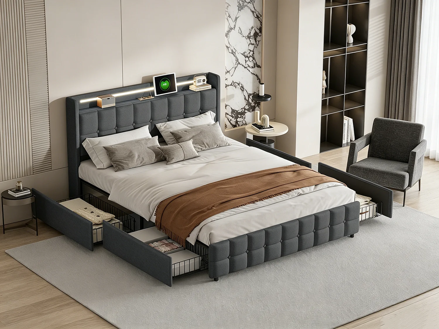 Lit double 160x200cm avec 4 tiroirs,Structure de lit avec avec Ports USB et éclairage LED,Sommier à lattes,Lin,Gris