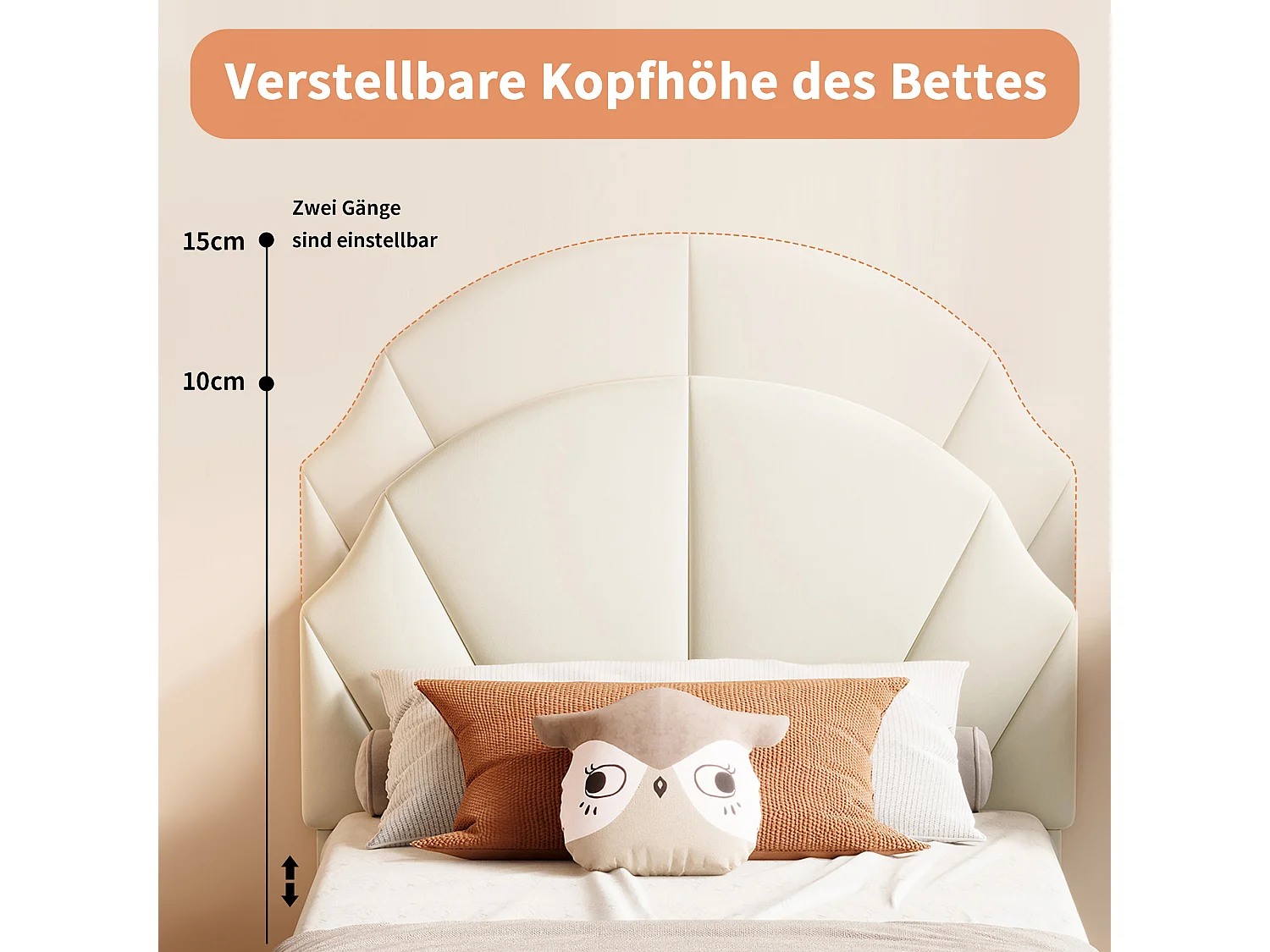Lit simple enfant 90 x 200 cm - tête de lit en forme de nuage - hauteur de tête de lit réglable - velours - Beige