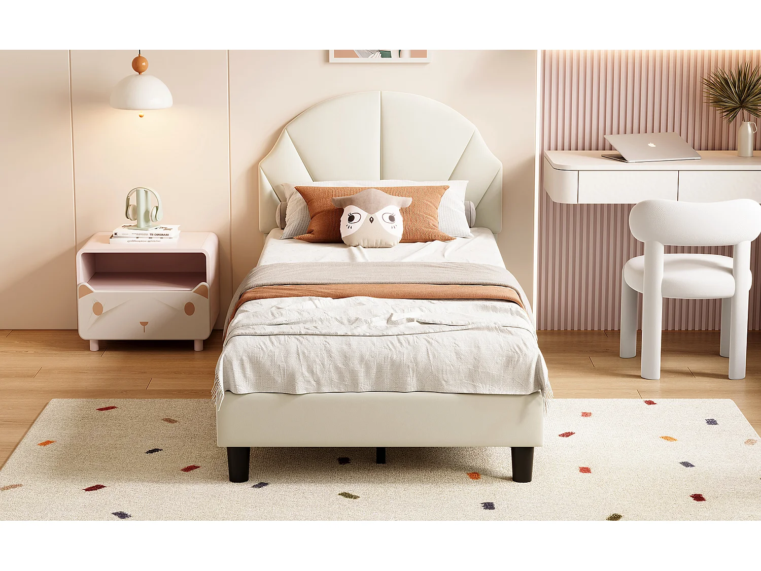 Lit simple enfant 90 x 200 cm - tête de lit en forme de nuage - hauteur de tête de lit réglable - velours - Beige