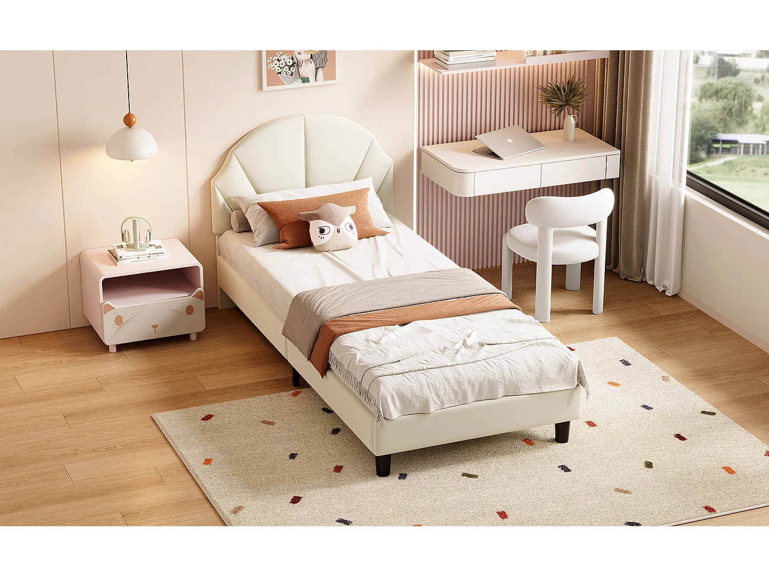 Lit simple enfant 90 x 200 cm - tête de lit en forme de nuage - hauteur de tête de lit réglable - velours - Beige