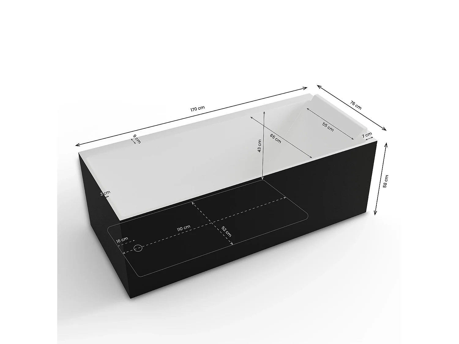 Baignoire Ilot Quantum 170 droite noire 170 x75 x58 cm, by SPALINA