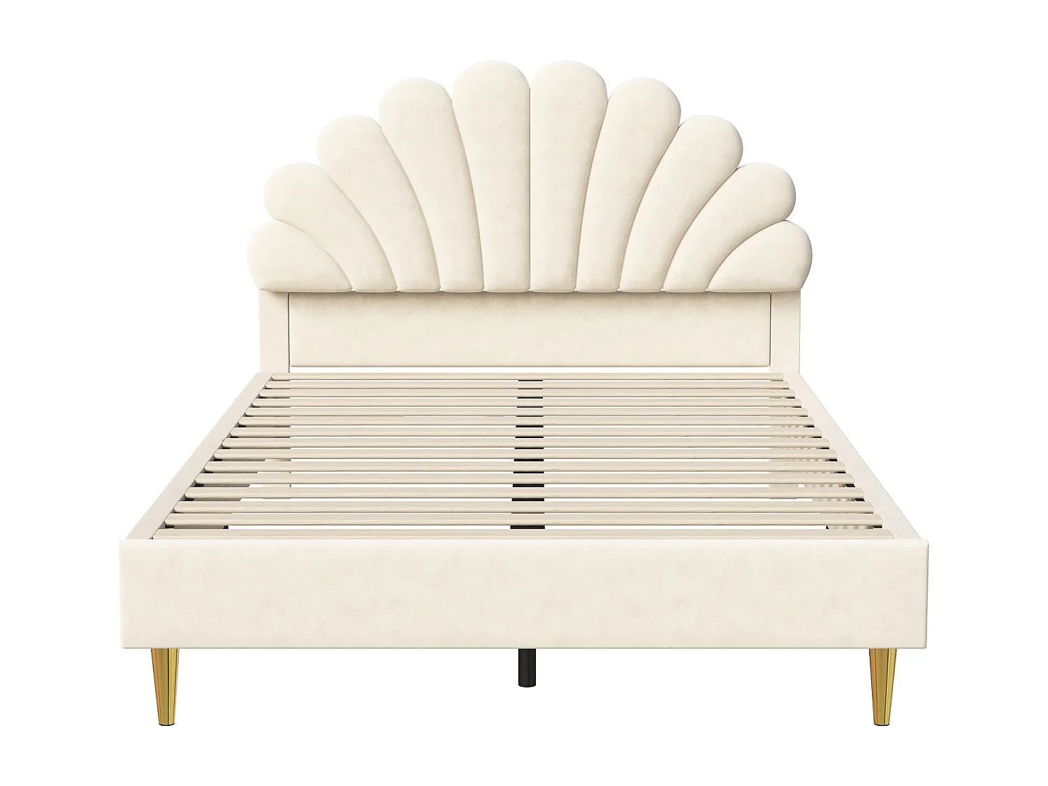 Lit Double 140x200 cm avec Tête de Lit en Forme de Fleur,Velours ,Cadre de Lit Robuste avec Sommier à Lattes,Beige