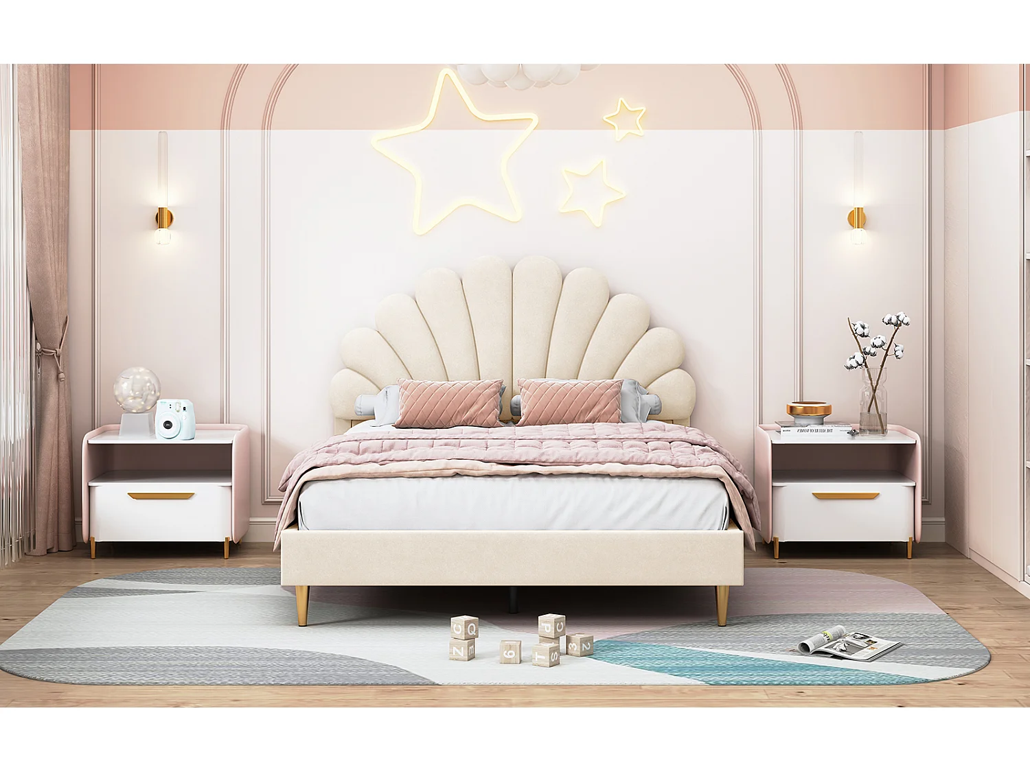 Lit Double 140x200 cm avec Tête de Lit en Forme de Fleur,Velours ,Cadre de Lit Robuste avec Sommier à Lattes,Beige