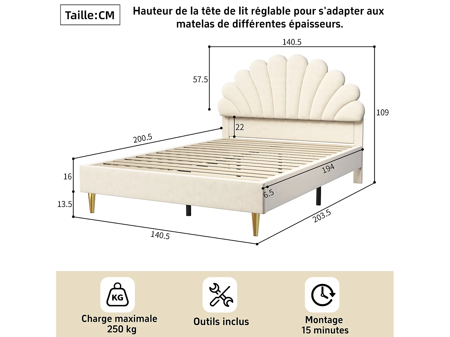 Cama de casal 140 x 200 cm com cabeceira em forma de flor, capa em veludo, estrutura robusta com estrado de ripas, bege