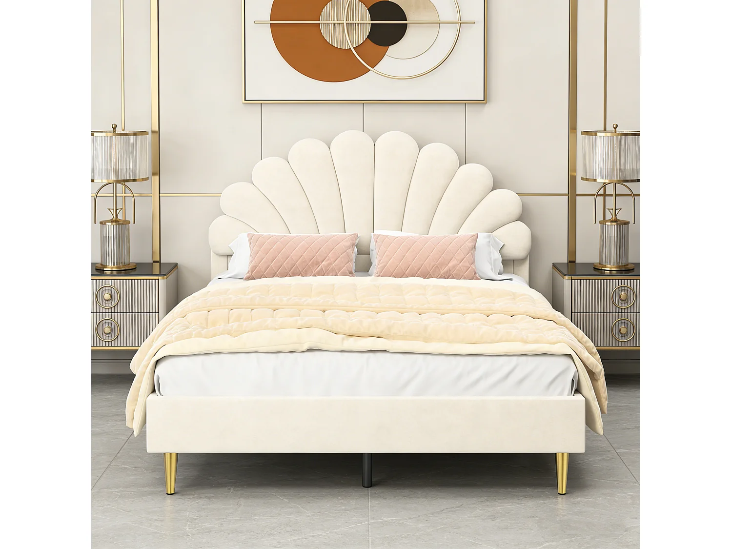 Lit Double 140x200 cm avec Tête de Lit en Forme de Fleur,Velours ,Cadre de Lit Robuste avec Sommier à Lattes,Beige